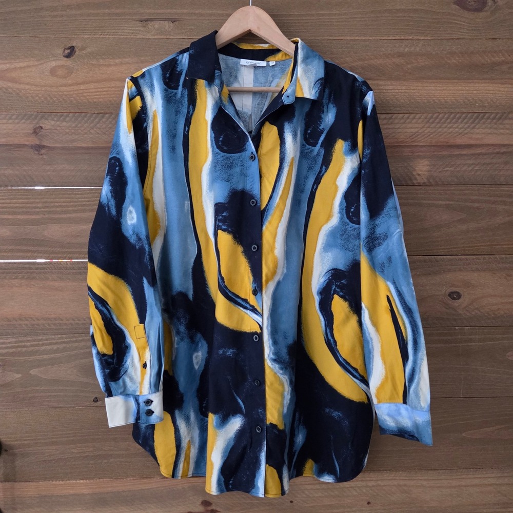 Chicos Abstract Print Button‎ Down Shirt Women's Size 18 Yellow Blue Black Tunic - Picture 2 of 6